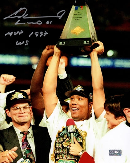 Livan Hernandez Autographed Florida Marlins (World Series Trophy) 8x10 Photo w/ "MVP 1997 WS"