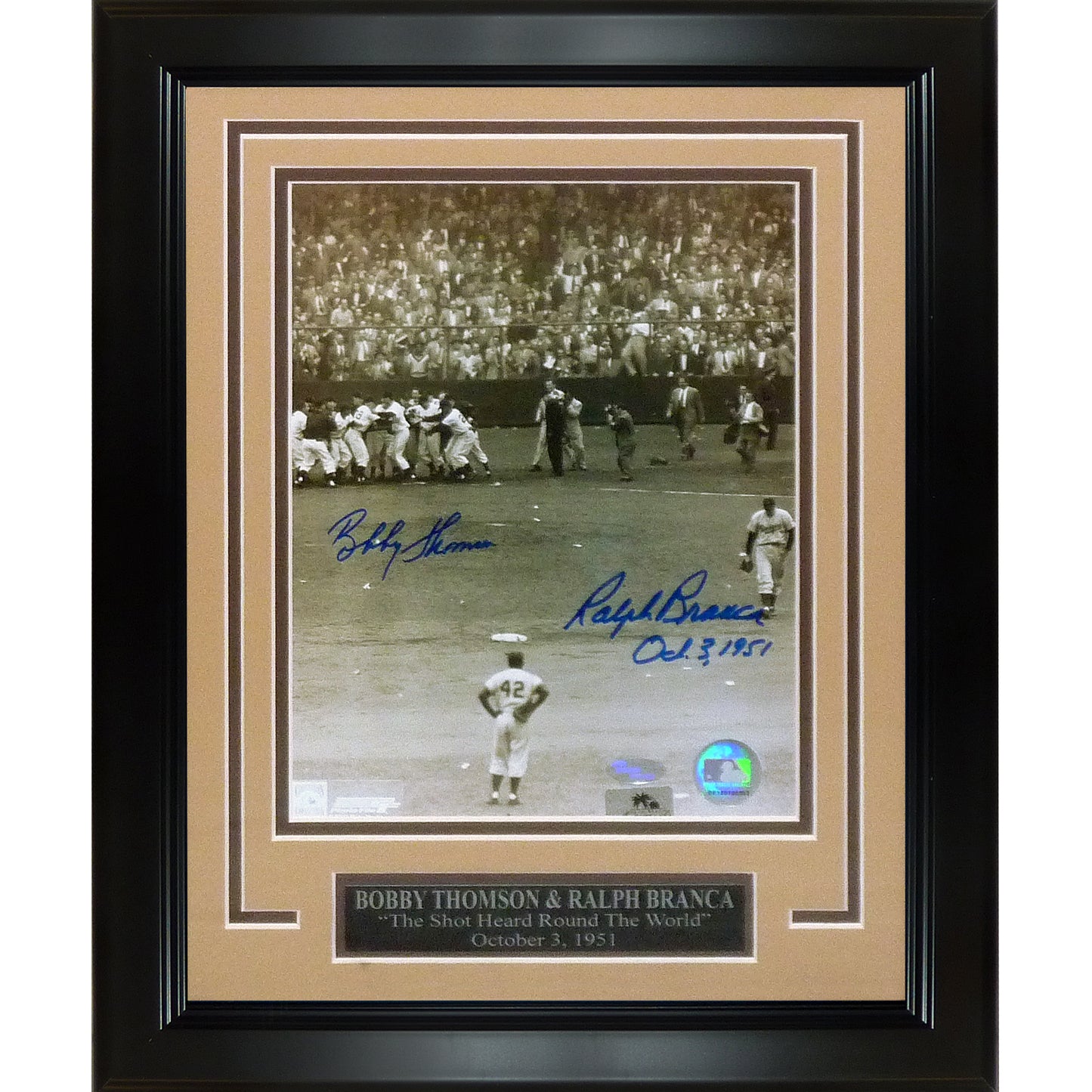 Ralph Branca and Bobby Thomson Dual Autographed "Shot Heard Round The World" (Vertical Jackie Robinson) Deluxe Framed 8x10 Photo w/ Inscription , Date