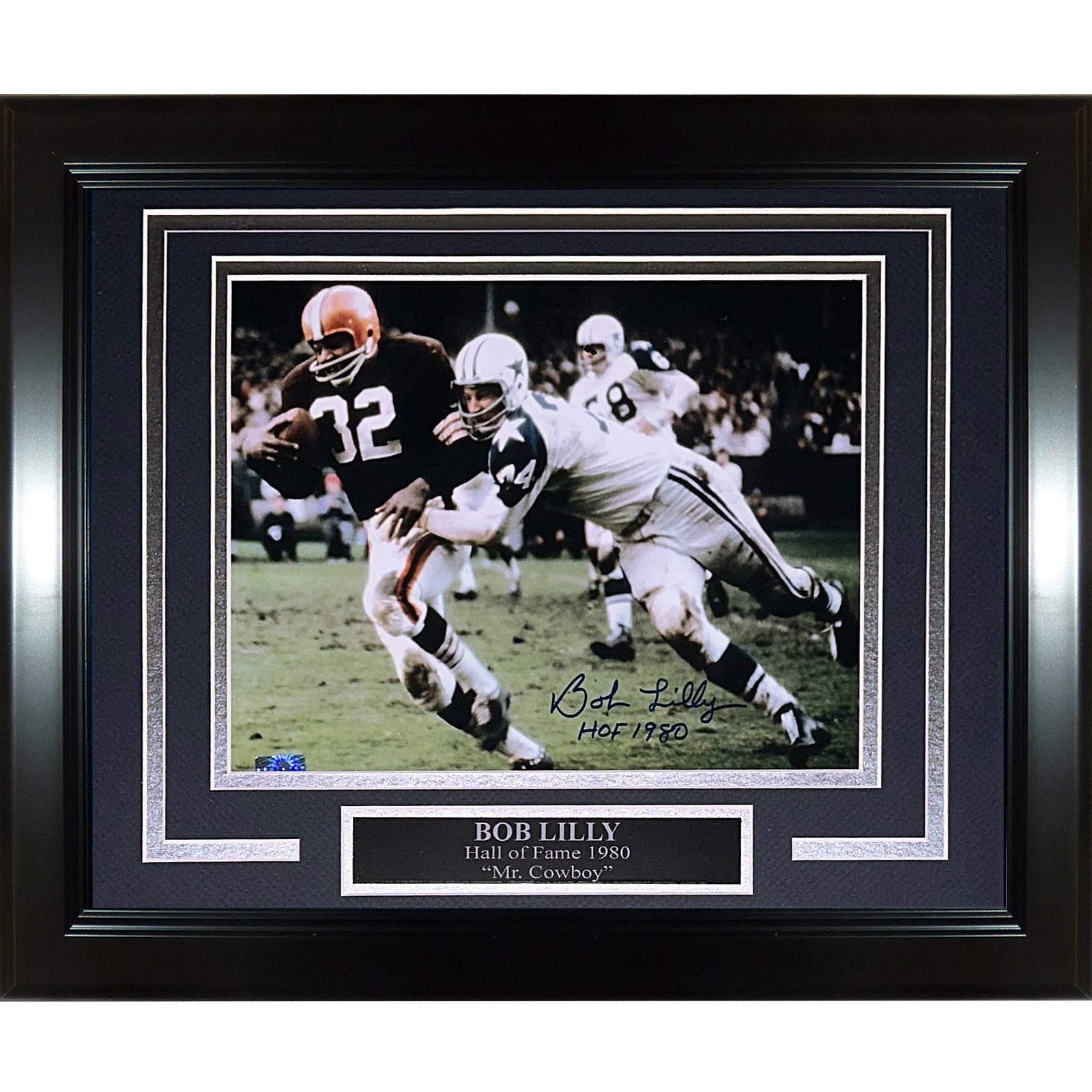 Bob Lilly Autographed Dallas Cowboys (Tackling Jim Brown) Deluxe Framed 8x10 Photo