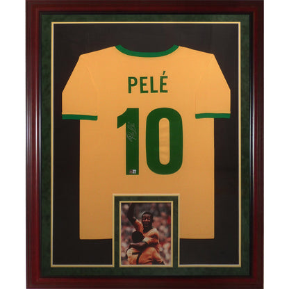 Pele Autographed Brazil Soccer (Yellow #10) Deluxe Framed Jersey PSADNA