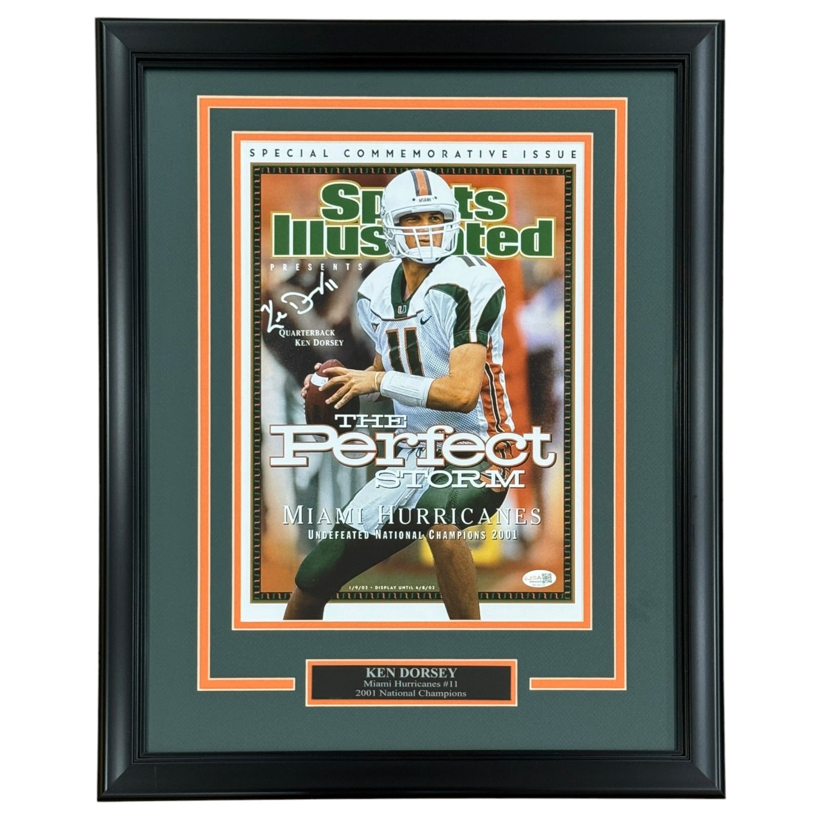 Ken Dorsey Autographed Miami Hurricanes (2001 National Champs) Deluxe Framed Commemorative Sports Illustrated 11x14 Print - JSA
