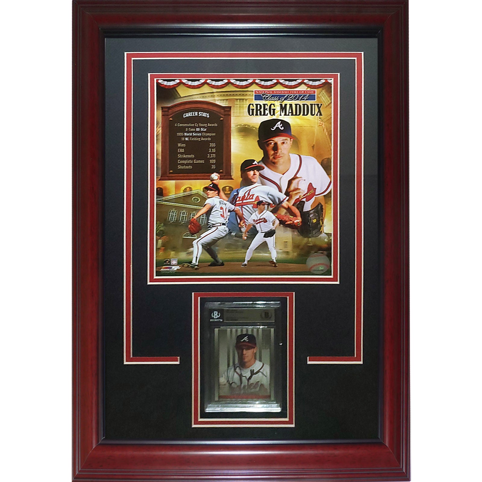 Greg Maddux Autographed Baseball Card Deluxe Framed with Atlanta Braves (HOF Collage) 8x10 Photo