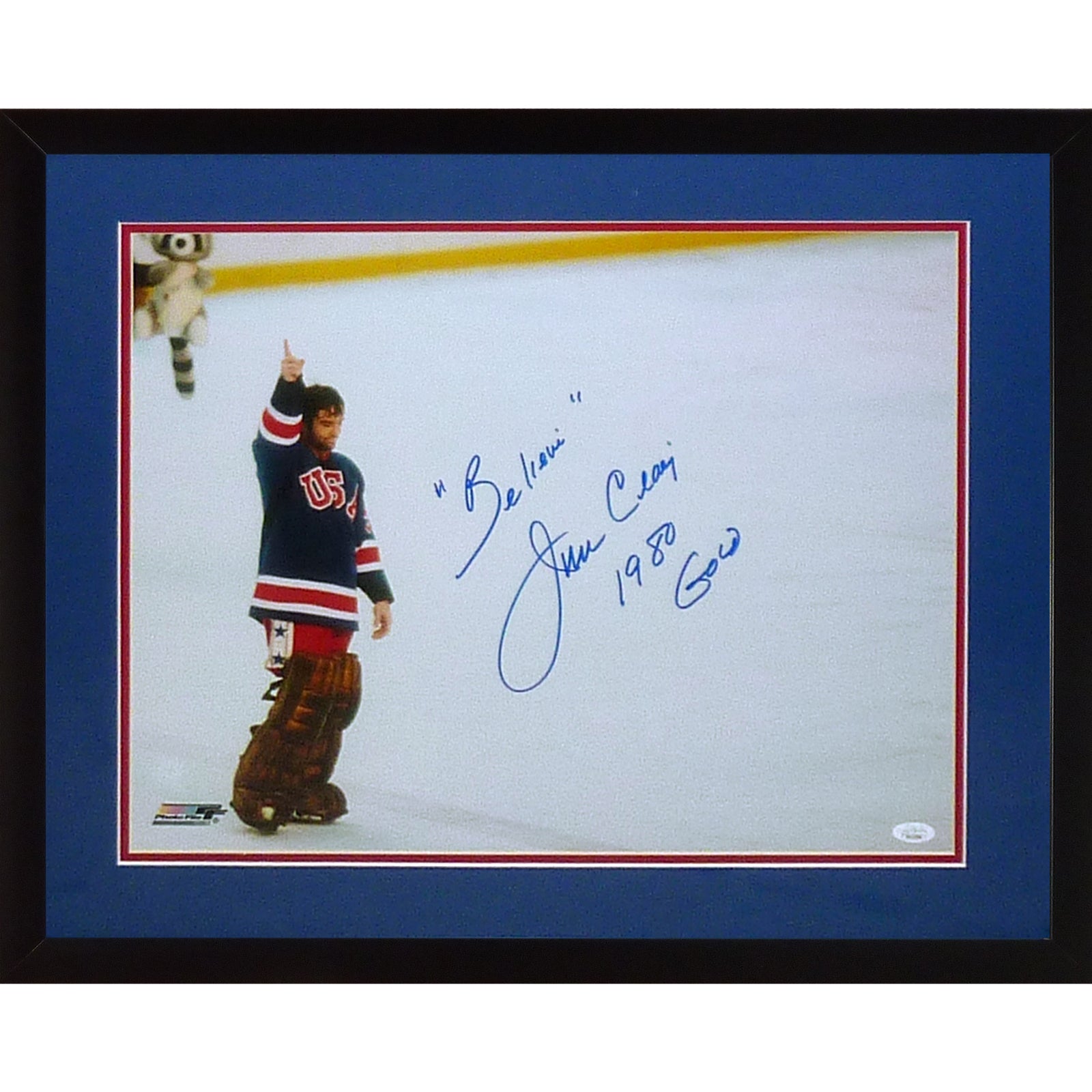 Jim Craig Autographed 1980 U.S. Olympic Hockey Celebration Deluxe Framed 16x20 Photo w/ 