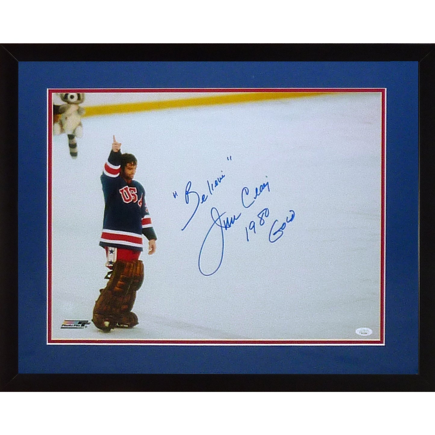 Jim Craig Autographed 1980 U.S. Olympic Hockey Celebration Deluxe Framed 16x20 Photo w/ "Believe", "1980 Gold" Inscr. - Beckett
