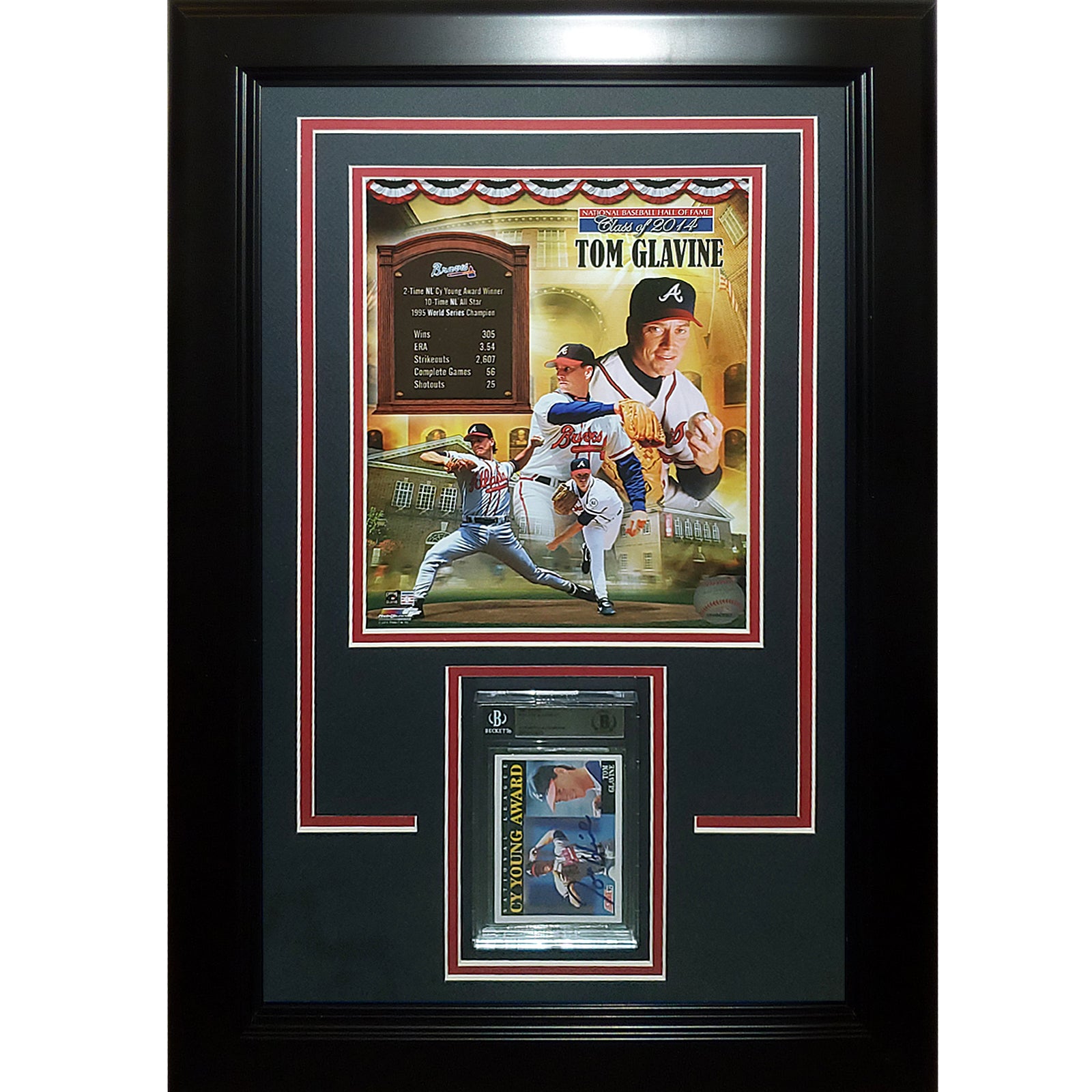 Tom Glavine Autographed Baseball Card Deluxe Framed with Atlanta Braves (HOF Collage) 8x10 Photo