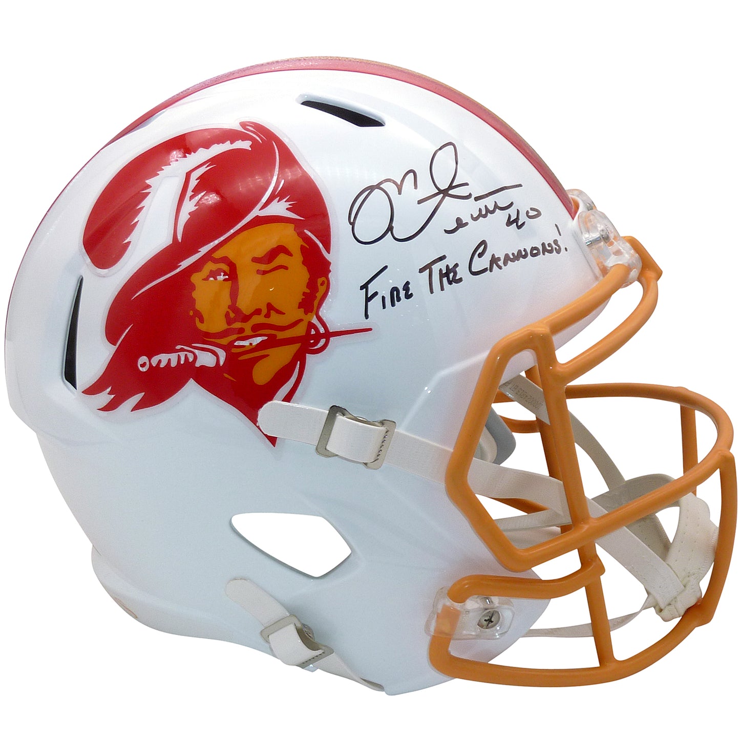 Mike Alstott Autographed Tampa Bay Buccaneers (Throwback white) Deluxe Full Size Replica Helmet w/ "Fire The Cannons" - Beckett