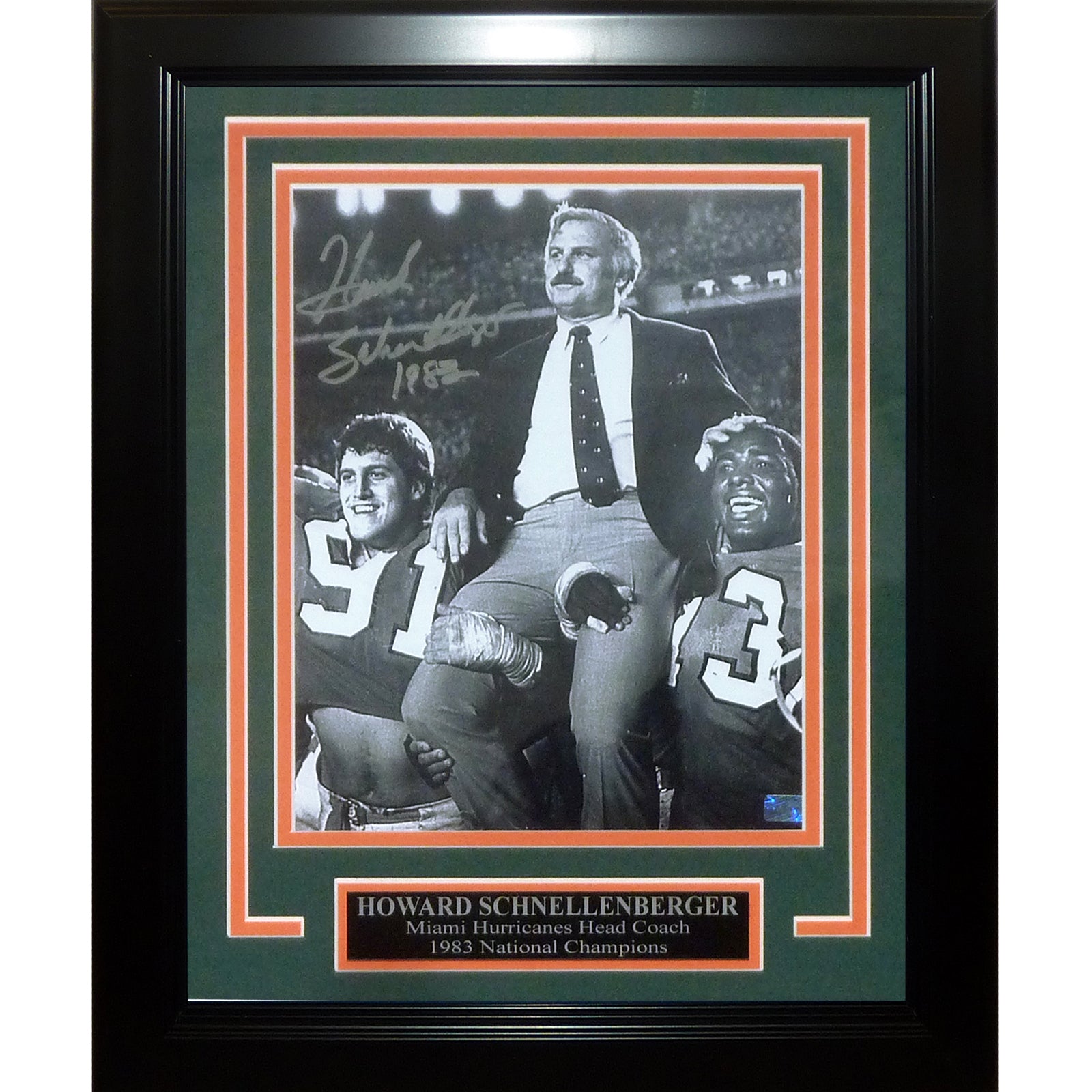 Howard Schnellenberger Autographed Miami Hurricanes (BW on Shoulders) Framed 8x10 Photo w/ 