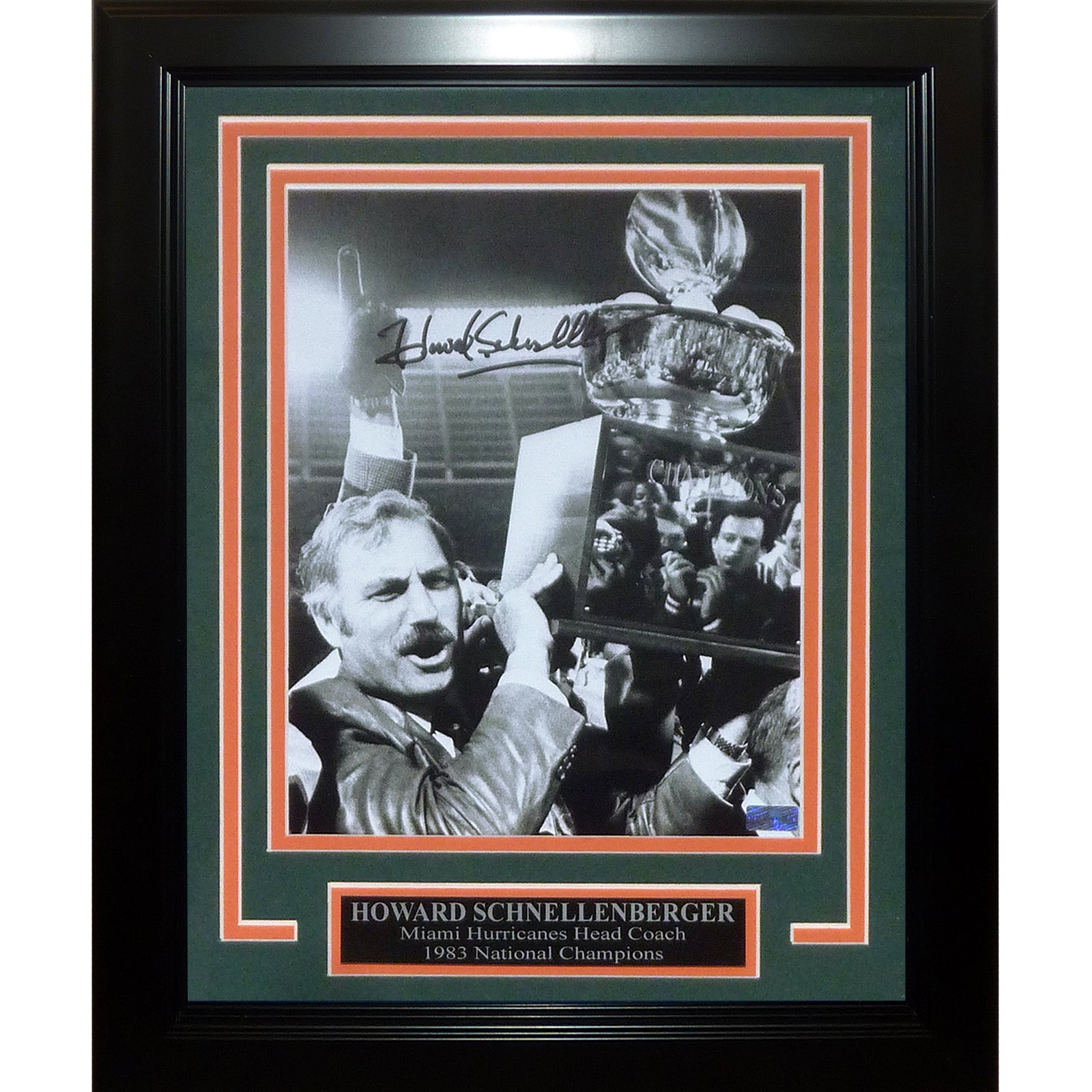 Howard Schnellenberger Autographed Miami Hurricanes (BW with Trophy) Framed 8x10 Photo w/ 