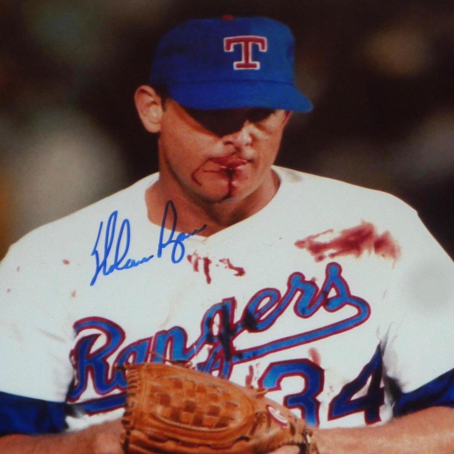 Nolan Ryan Autographed Texas Rangers (Bloody Lip) Deluxe Framed 8x10 Photo - Beckett