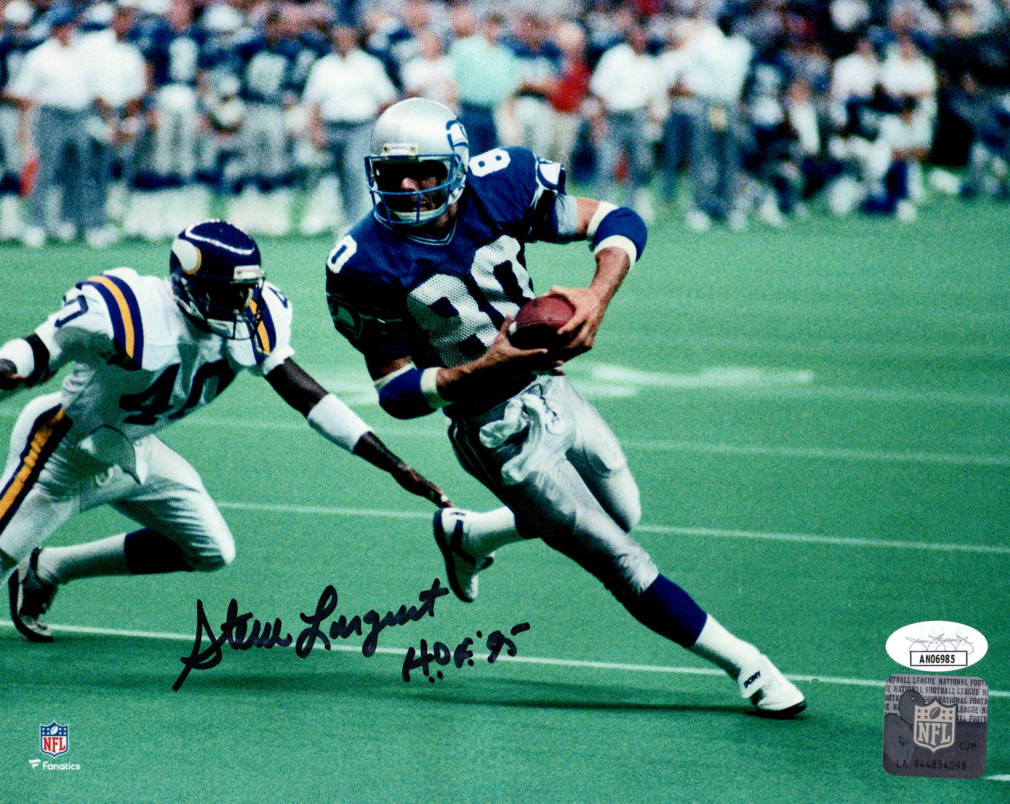 Steve Largent Autographed Seattle Seahawks (Blue Jersey) 8x10 Photo w/ "HOF 95" - JSA