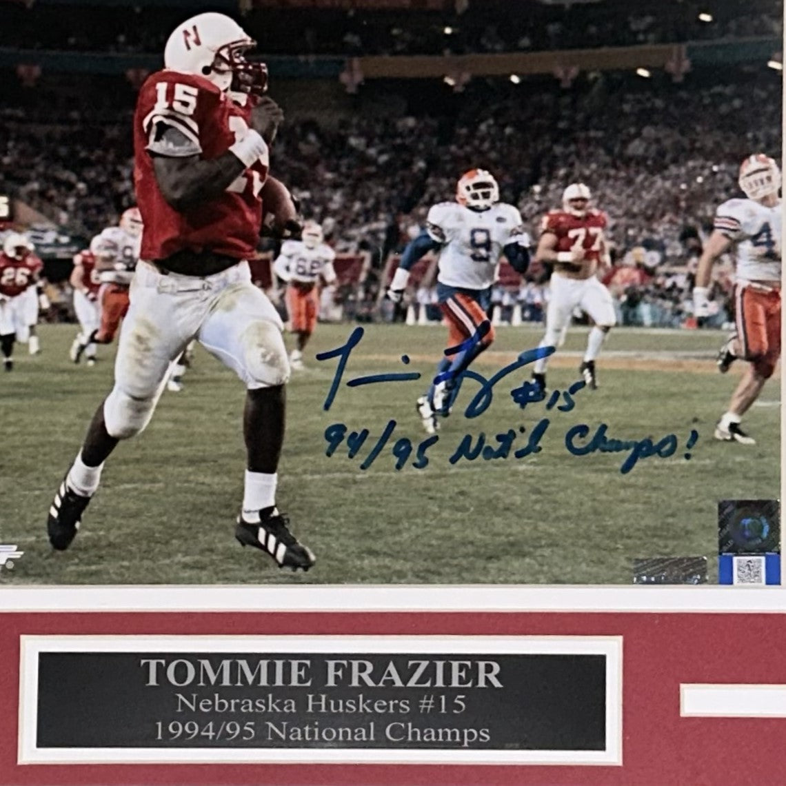 Tommie Frazier Autographed Nebraska Huskers (1996 Fiesta Bowl TD) Deluxe Framed 8x10 Photo w/ 94-95 Natl Champs"
