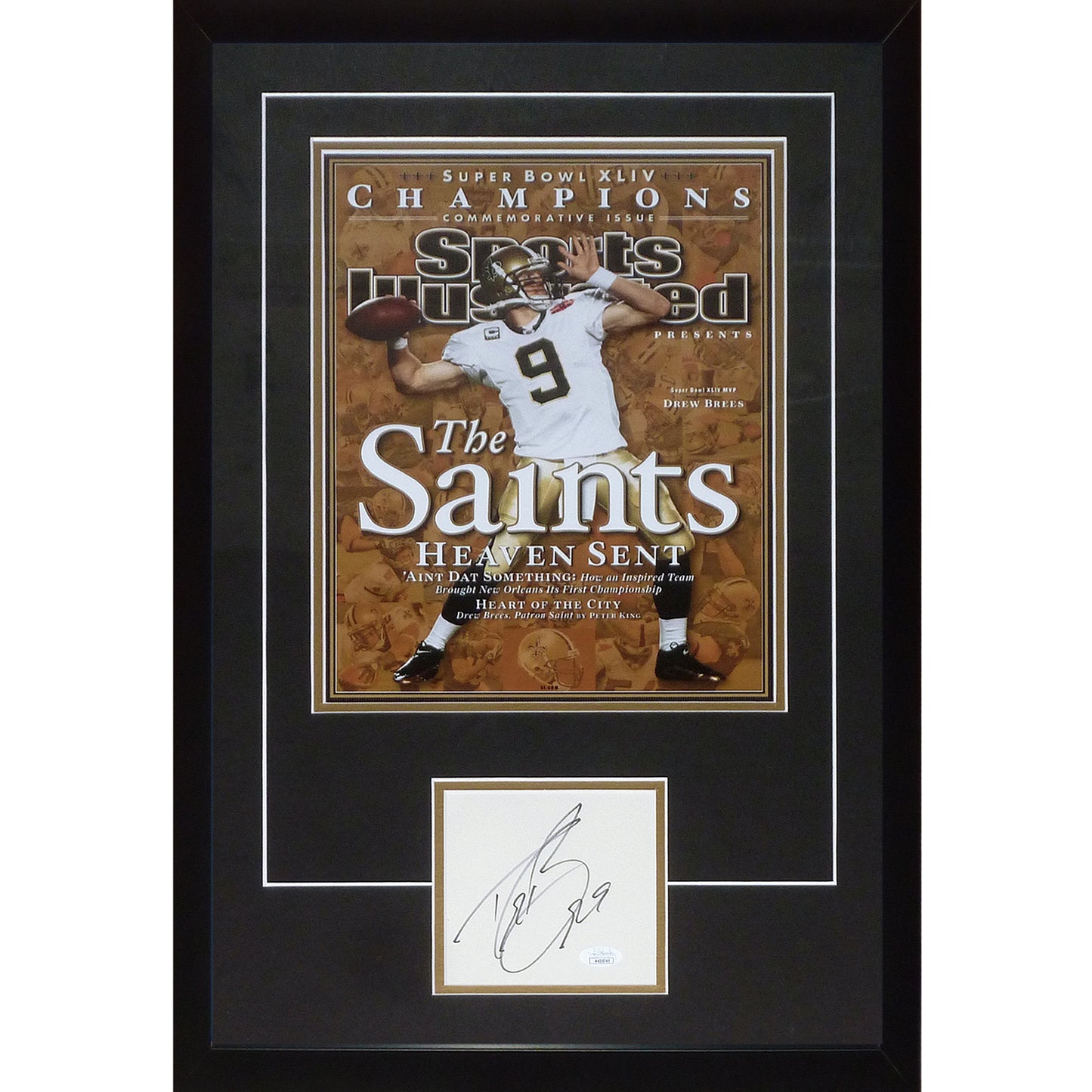 Drew Brees Autographed New Orleans Saints (Super Bowl SI Poster) Deluxe Framed 11x14 Photo Piece - JSA