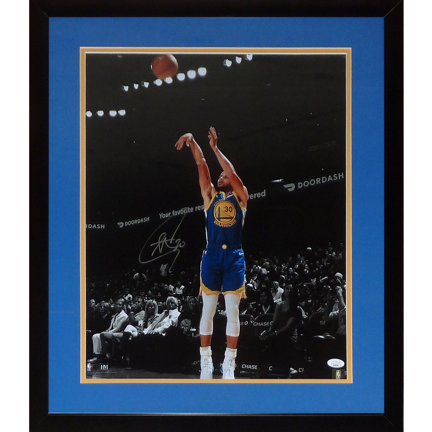 Stephen Curry Autographed Golden State Warriors (Action) Deluxe Framed 16x20 Photo - JSA
