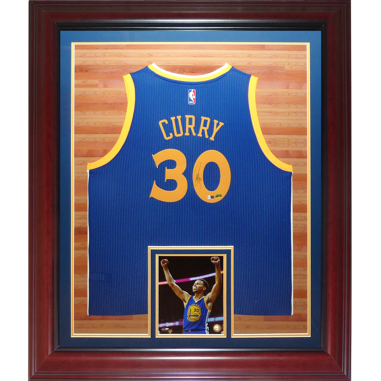Stephen Curry Autographed Golden State Warriors (Blue #30 Swingman) Deluxe Framed Jersey - Fanatics