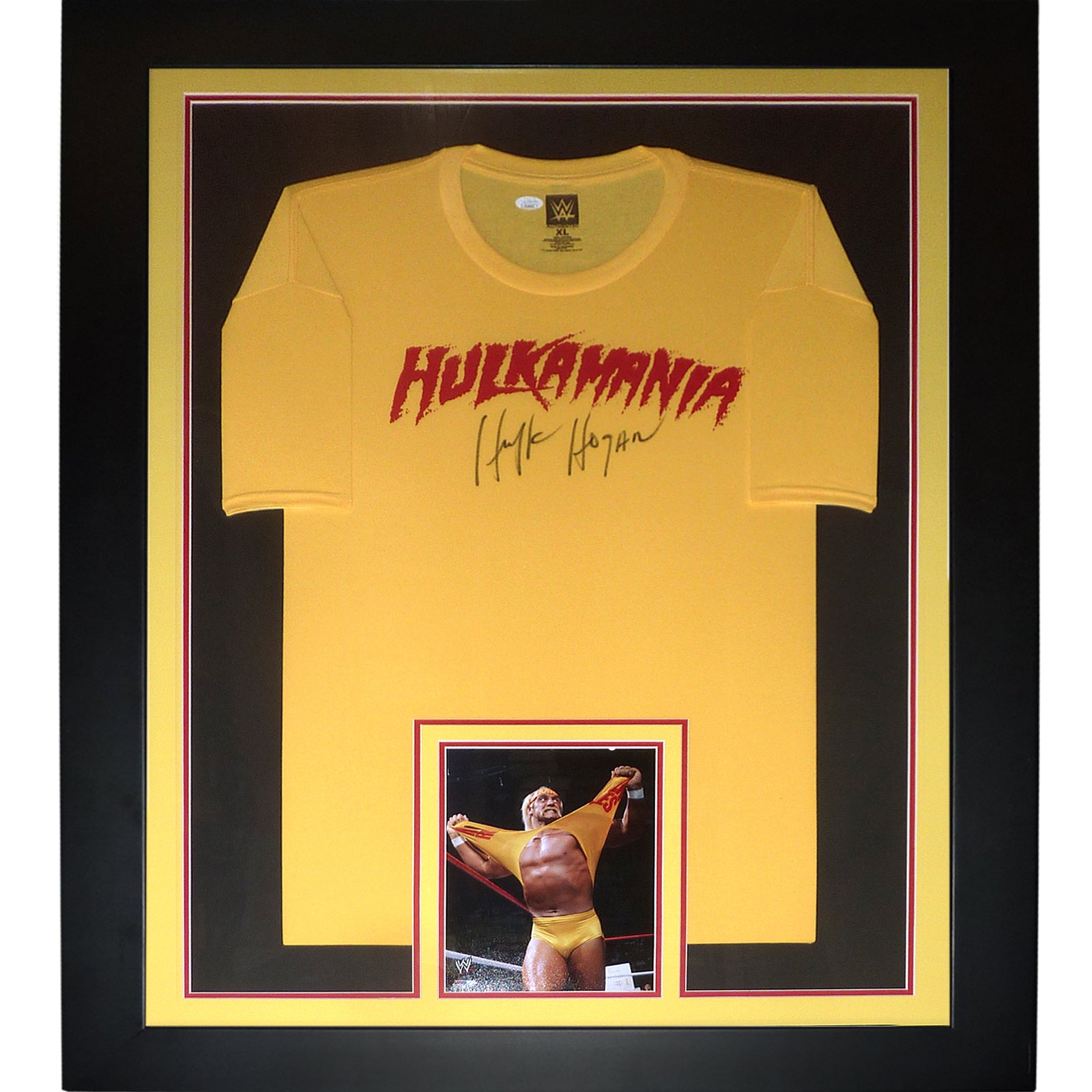 Hulk Hogan Autographed Wrestling Deluxe Framed Hulkamania Yellow T-Shirt