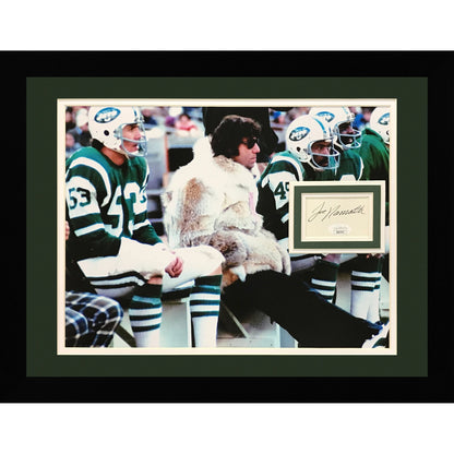 Joe Namath Autographed New York Jets (Fur Coat on Bench) Deluxe Framed 11x14 Photo with Floating Matted Signature - JSA