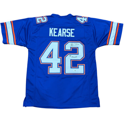 Jevon Kearse Autographed Florida (Blue #42) Custom Jersey w/ "The Freak" - JSA