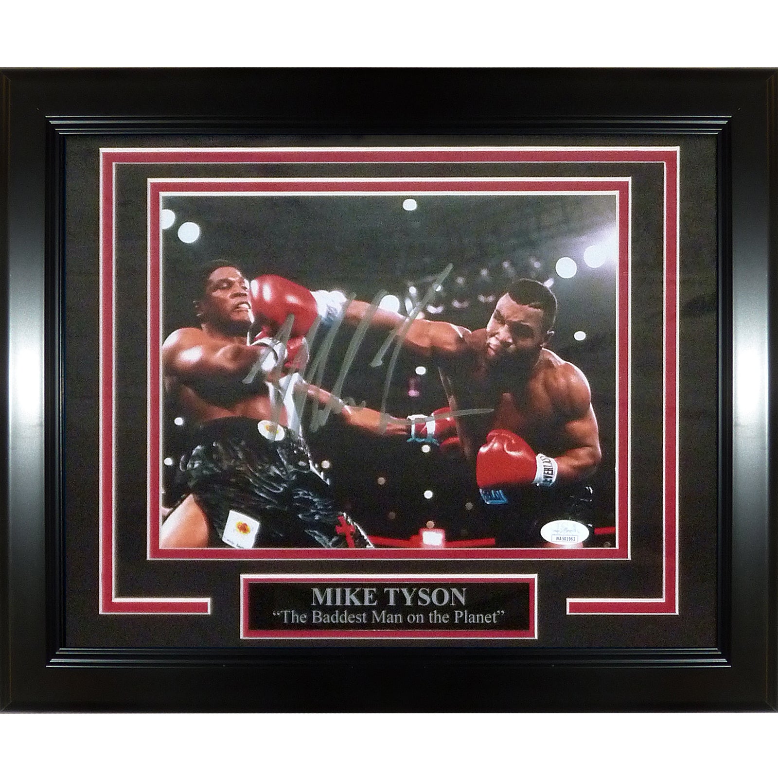 Mike Tyson Autographed Boxing (Action) Deluxe Framed 8×10 Photo w/ Nameplate – Tyson Holo