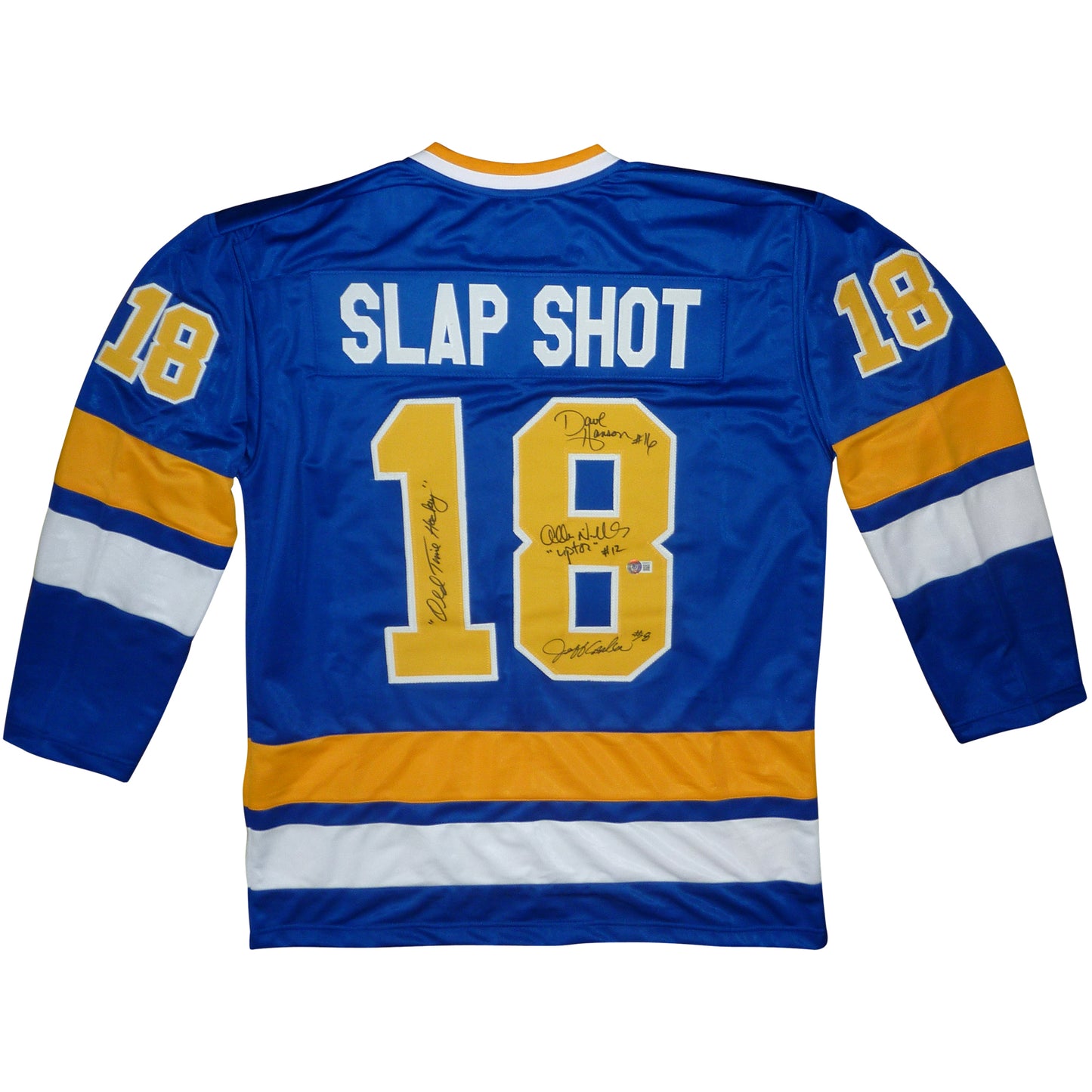 Hanson Brothers Autographed Slap Shot Movie Chiefs (Blue #18) Custom Hockey Jersey w/ "Old Time Hockey" - Beckett