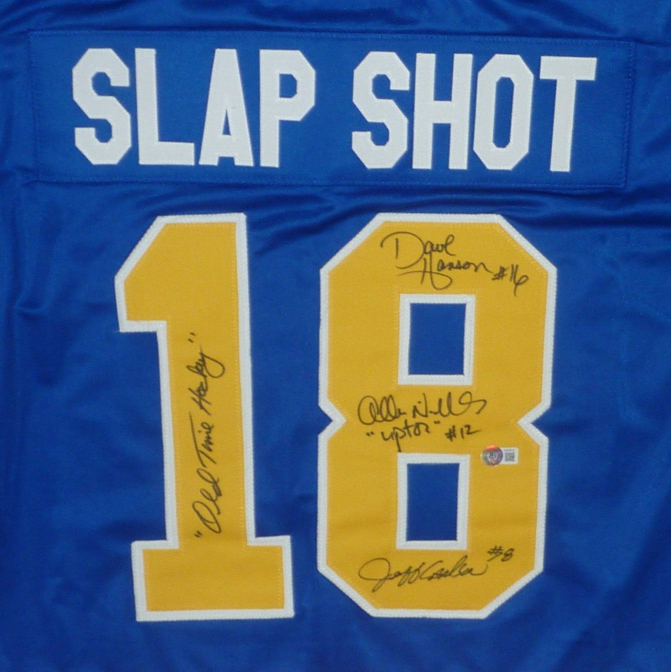 Slap Shot Cast Signed Blue Hockey Jersey w/ 'Old Time Hockey