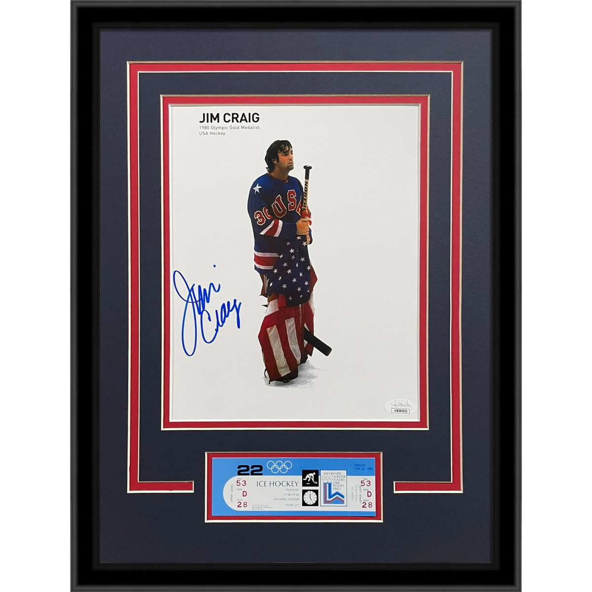 Jim Craig Autographed 1980 USA Hockey Holding Flag Deluxe Framed