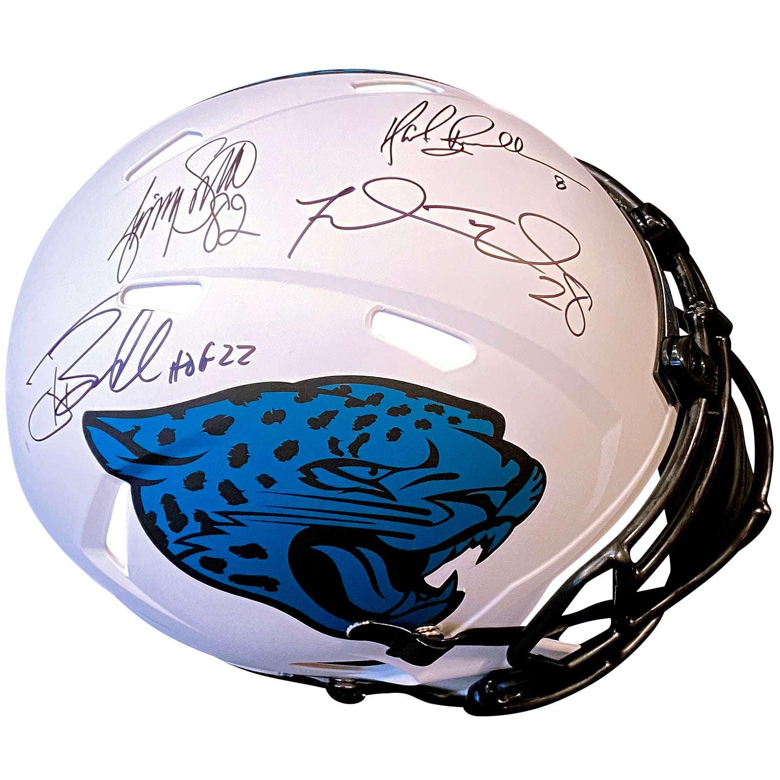 Tony Boselli , Mark Brunell , Jimmy Smith And Fred Taylor Autographed Jacksonville Jaguars (LUNAR) Deluxe Full-Size Replica Helmet – Pride of the Jaguars