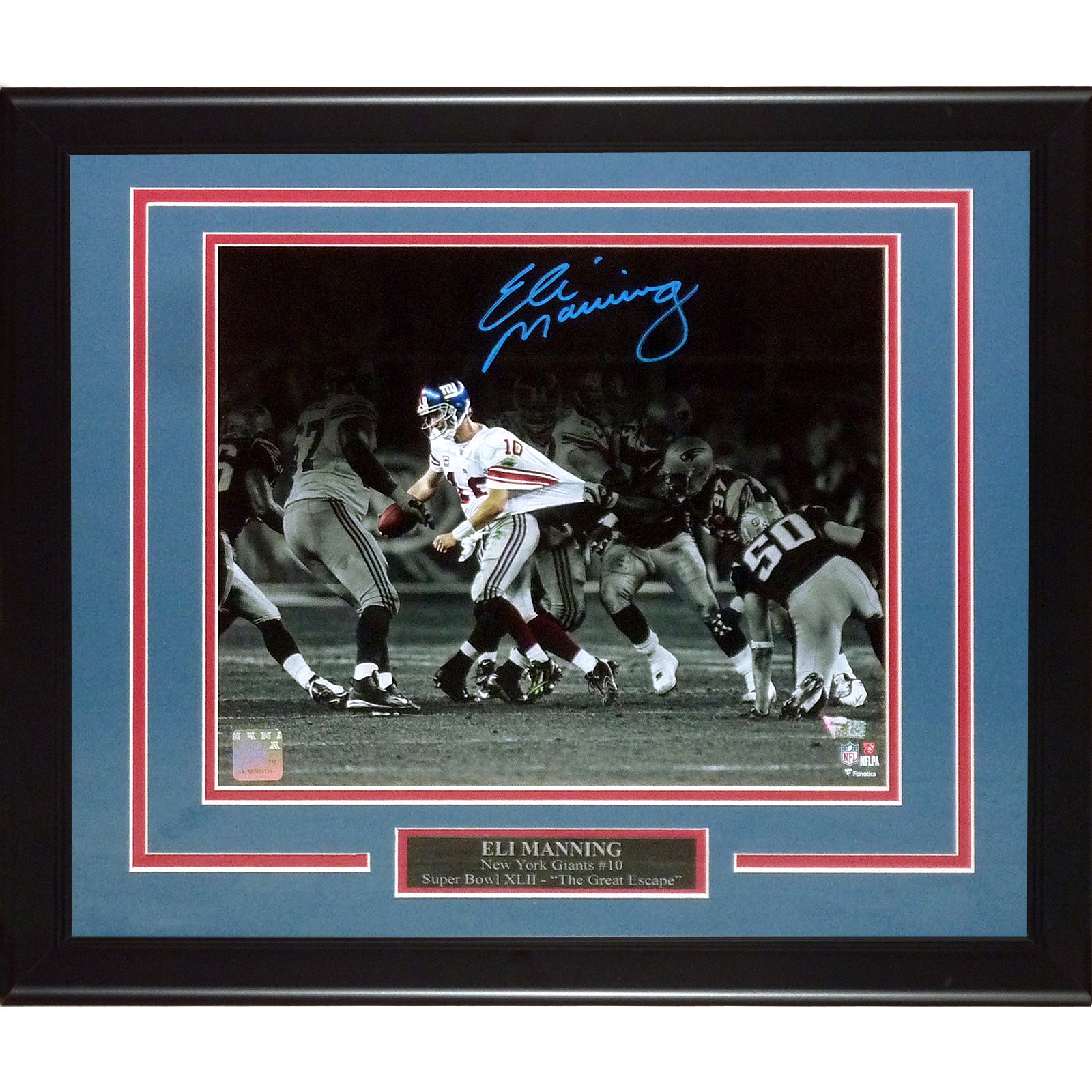 Eli Manning Autographed New York Giants (Super Bowl XLII Escape) Deluxe Framed 11x14 Photo
