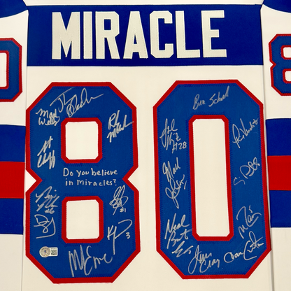 1980 U.S. Olympic Hockey Team Autographed (USA White #80) Deluxe Framed Jersey - Miracle On Ice - 19 Team Member Signatures - Beckett Witness