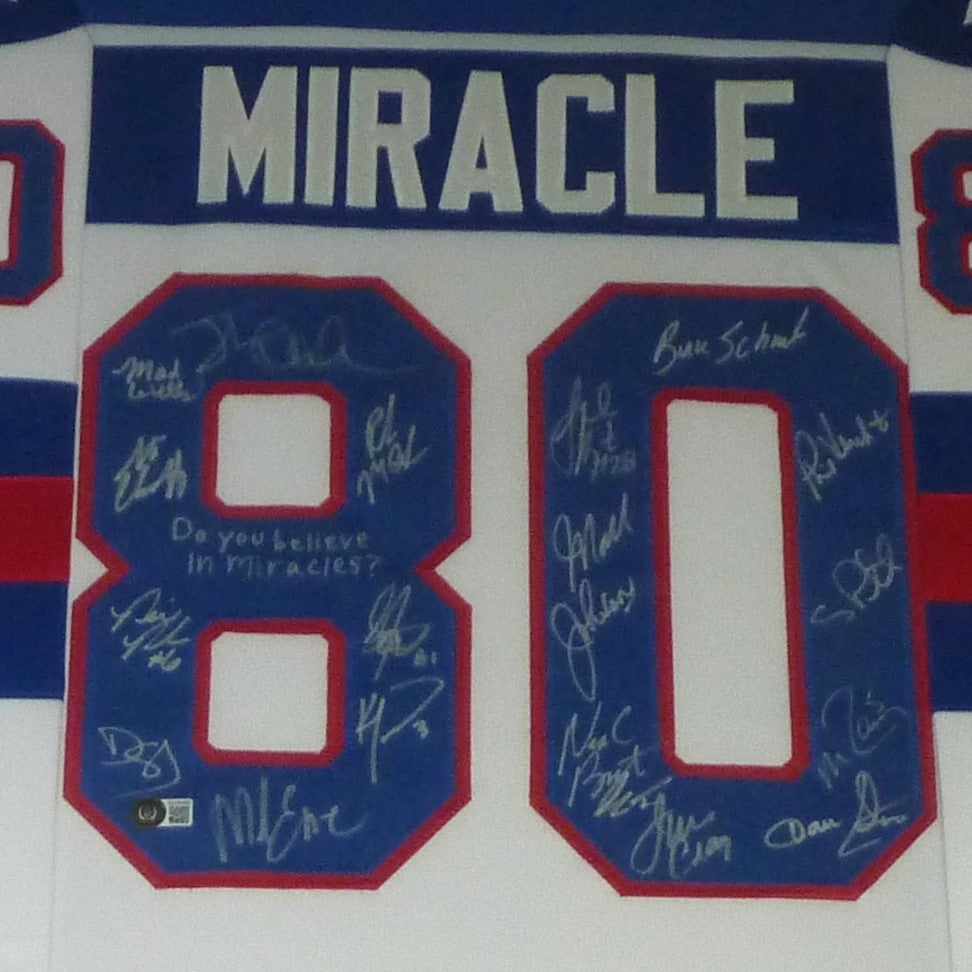 1980 U.S. Olympic Hockey Team Autographed (USA White #80) Deluxe Framed Jersey - Miracle On Ice - 19 Team Member Signatures - Beckett Witnessed
