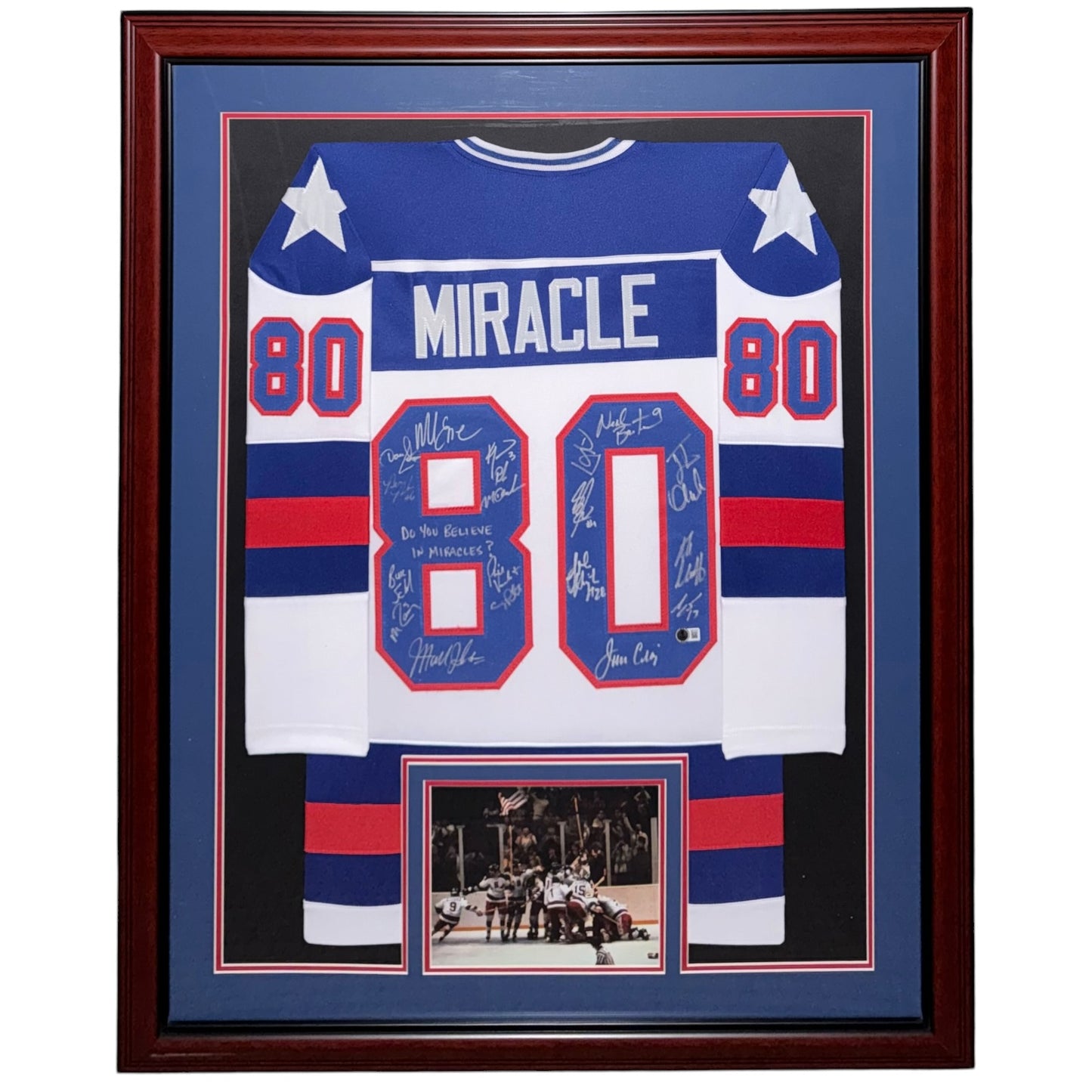 1980 U.S. Olympic Hockey Team Autographed (USA White #80) Deluxe Framed Jersey - Miracle On Ice - 18 Team Member Signatures - Beckett Witness