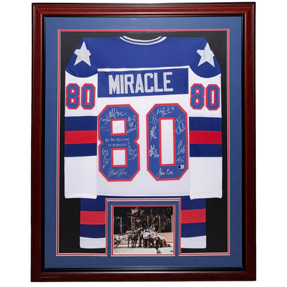 1980 U.S. Olympic Hockey Team Autographed (USA White #80) Deluxe Framed Jersey - Miracle On Ice - 18 Team Member Signatures - Beckett Witness