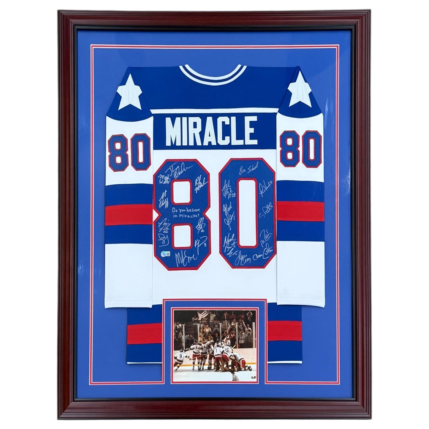 1980 U.S. Olympic Hockey Team Autographed (USA White #80) Deluxe Framed Jersey - Miracle On Ice - 19 Team Member Signatures - Beckett Witness