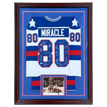 1980 U.S. Olympic Hockey Team Autographed (USA White #80) Deluxe Framed Jersey - Miracle On Ice - 19 Team Member Signatures - Beckett Witness