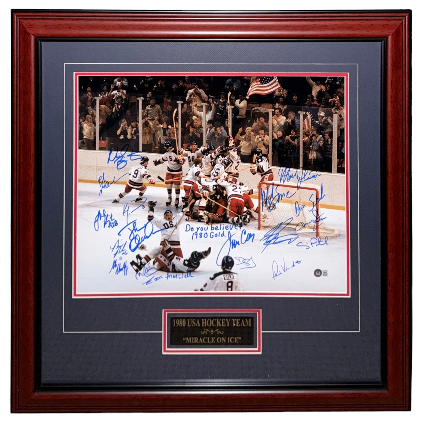 1980 U.S. Olympic Hockey Team Autographed (Miracle On Ice) Deluxe Framed 16x20 Photo - 18 Team Member Signatures - Beckett Witnessed