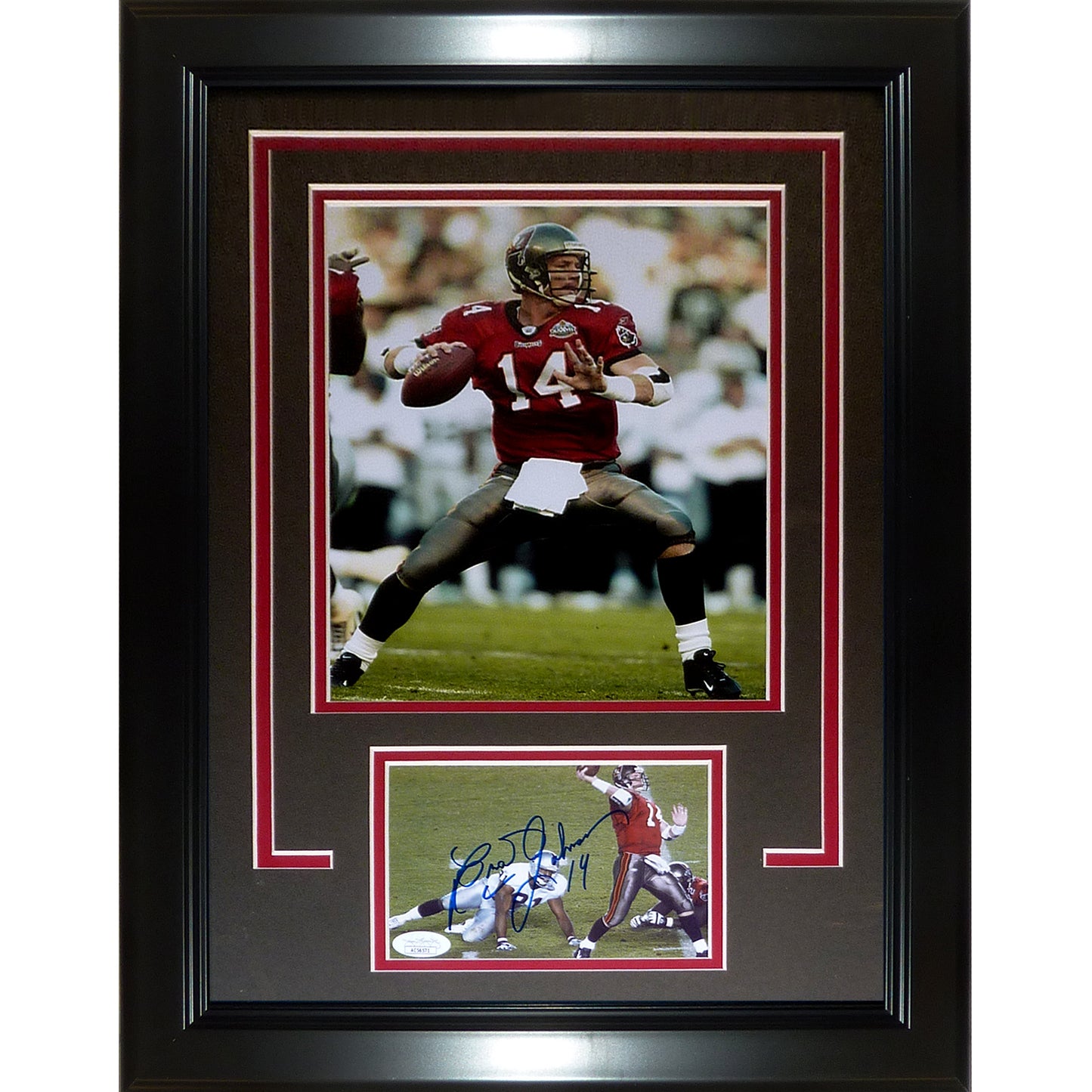 Brad Johnson Autographed Tampa Bay Buccaneers 4x6 photo Deluxe Framed with Super Bowl XXXVII 8x10 Photo – JSA