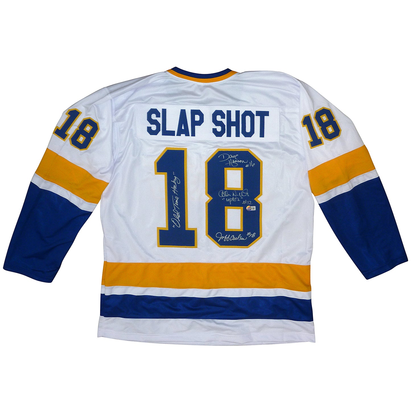 Hanson Brothers Autographed Slap Shot Movie Chiefs (White #18) Custom Hockey Jersey w/ "Old Time Hockey" - Beckett