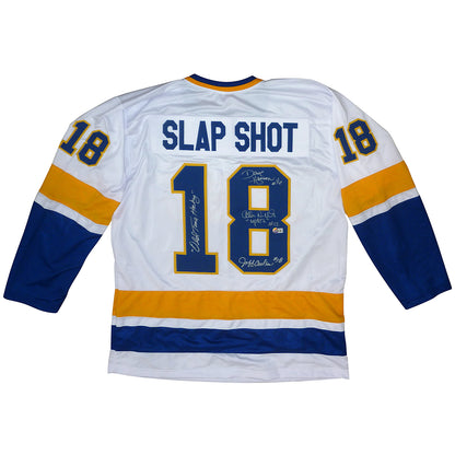 Hanson Brothers Autographed Slap Shot Movie Chiefs (White #18) Custom Hockey Jersey w/ "Old Time Hockey" - Beckett