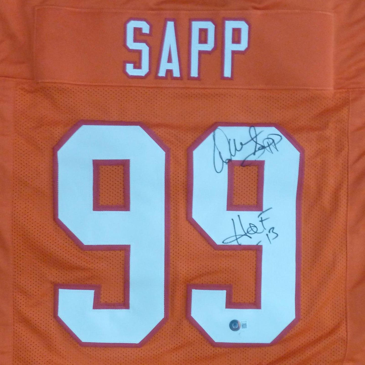 Warren Sapp Autographed Tampa Bay (Creamsicle Orange #99) Custom Jersey w/ "HOF 13" - Beckett