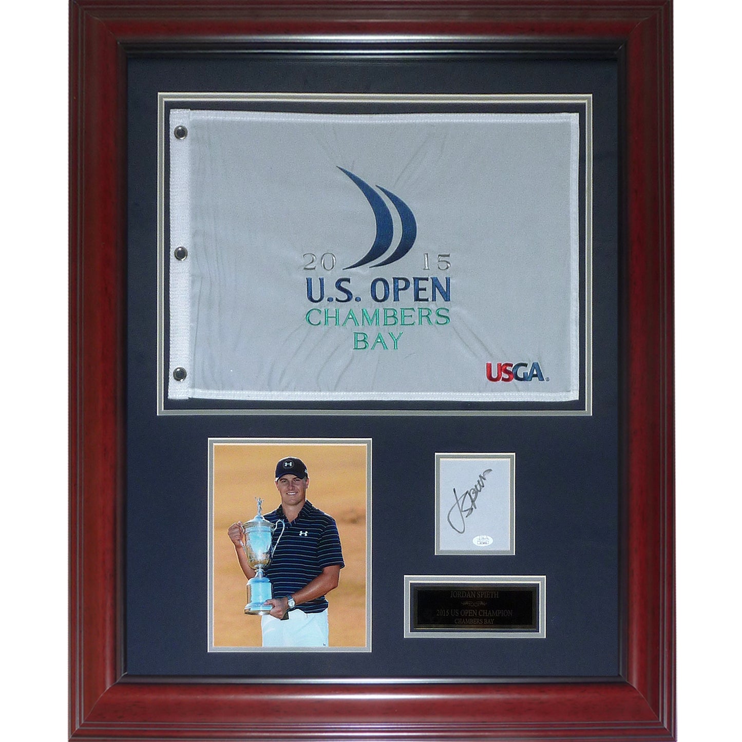 Jordan Spieth Autographed 2015 US Open Chambers Bay Deluxe Framed Piece with Pin Flag - JSA