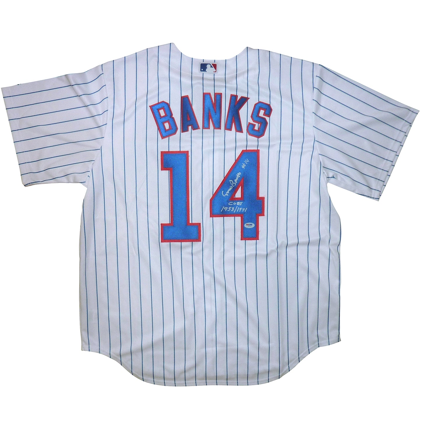 Ernie Banks Autographed Chicago Cubs (Pinstripe #14) Majestic Jersey w/ “Cubs 1953/1971” Jersey - PSADNA