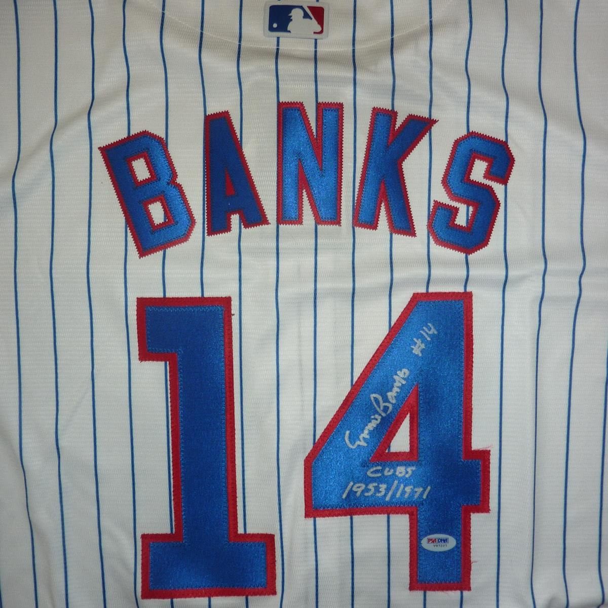 Ernie Banks Autographed Chicago Cubs (Pinstripe #14) Majestic Jersey w/ “Cubs 1953/1971” Jersey - PSADNA