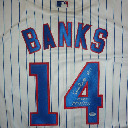 Ernie Banks Autographed Chicago Cubs (Pinstripe #14) Majestic Jersey w/ “Cubs 1953/1971” Jersey - PSADNA
