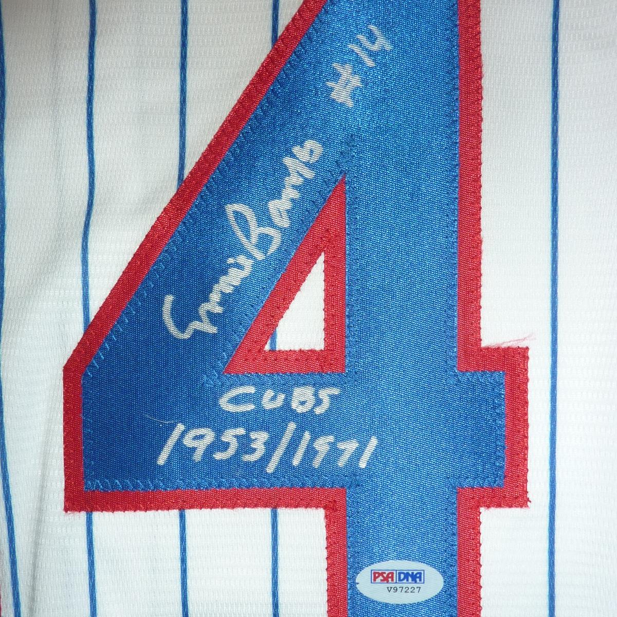 Ernie Banks Autographed Chicago Cubs (Pinstripe #14) Majestic Jersey w/ “Cubs 1953/1971” Jersey - PSADNA
