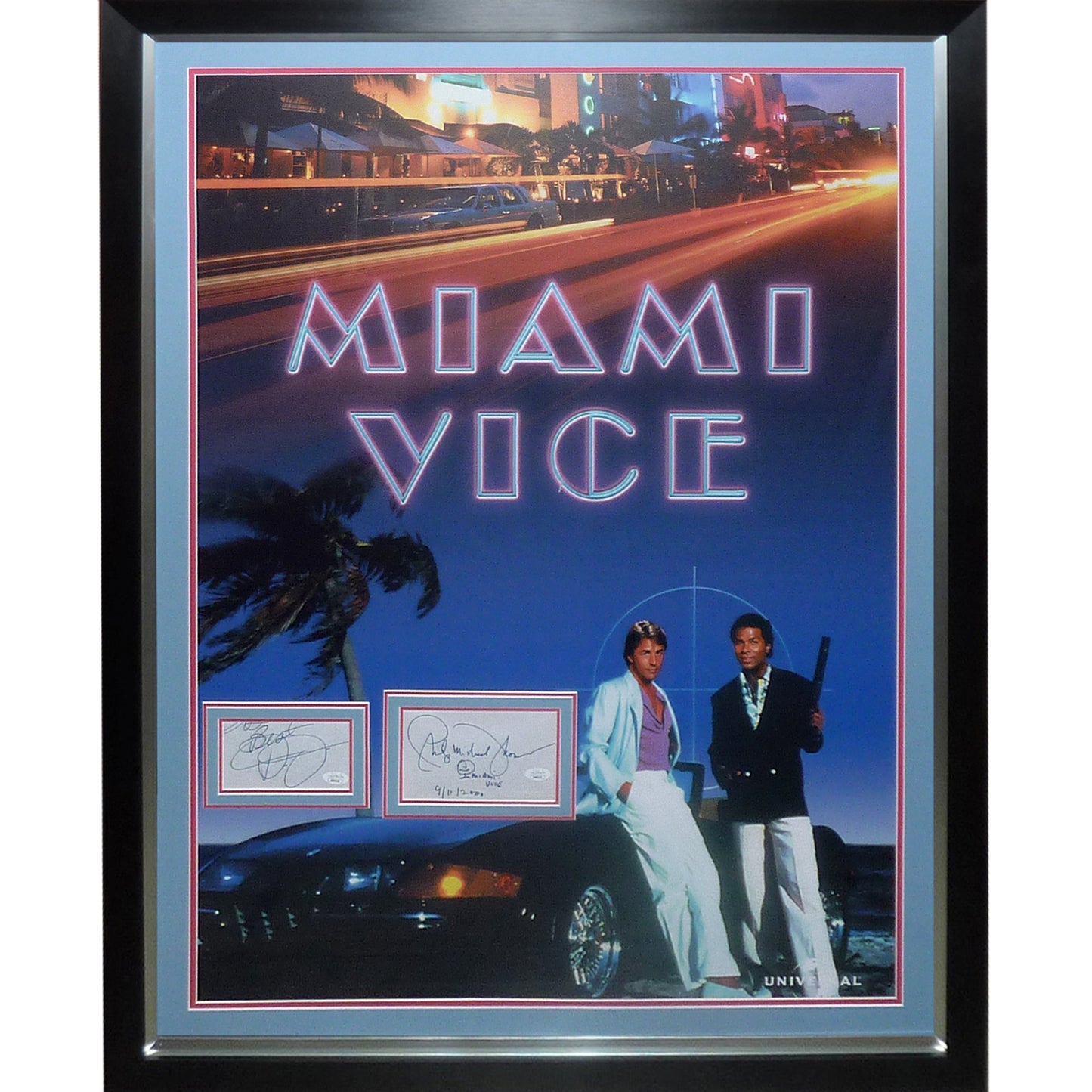 Miami Vice Full-Size Original Movie Poster Deluxe Framed with Don Johnson And Philip Michael Thomas Autographs - JSA