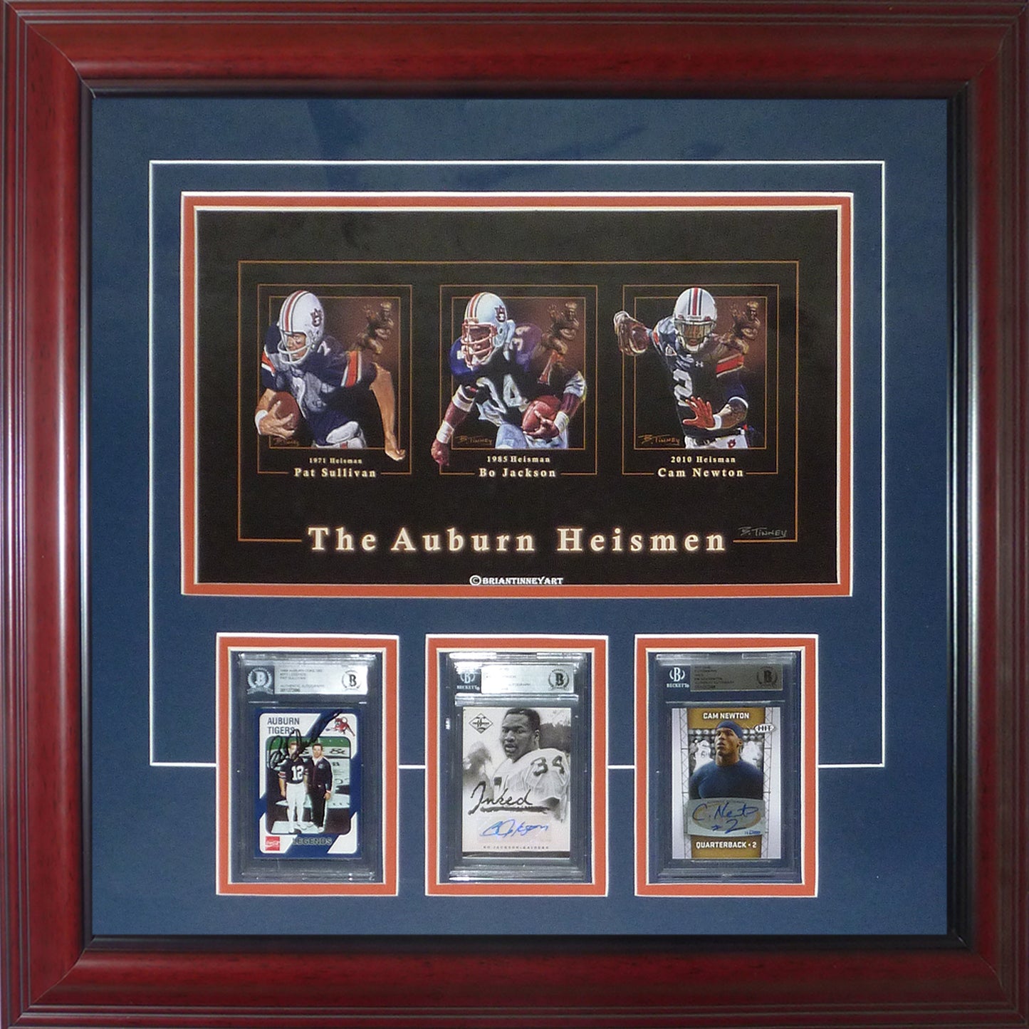 Pat Sullivan , Bo Jackson And Cam Newton Autographed Auburn Tigers Heisman Deluxe Framed Triple Card Frame – Beckett Slab