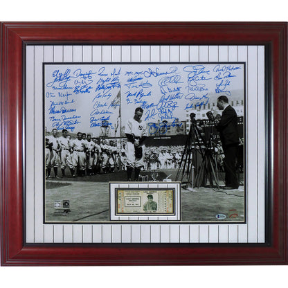 New York Yankees Greats Autographed Lou Gehrig Farewell Deluxe Framed 16x20 Photo with Replica Ticket - BAS LOA