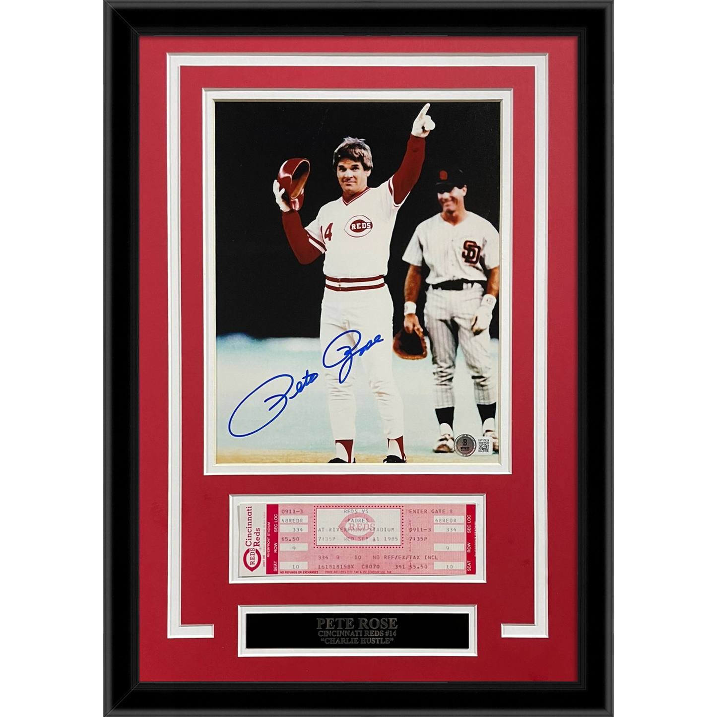 Pete Rose Autographed Cincinnati Reds (4192 Hit) Framed 8×10 Photo with Replica Game Ticket - JSA