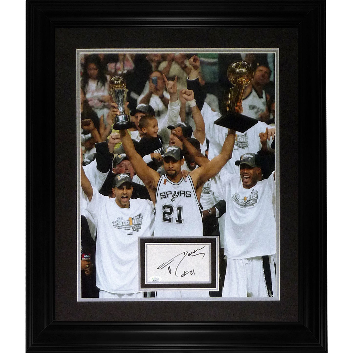 Tim Duncan Autographed San Antonio Spurs Deluxe Framed NBA Finals Trophies 16x20 Piece - JSA