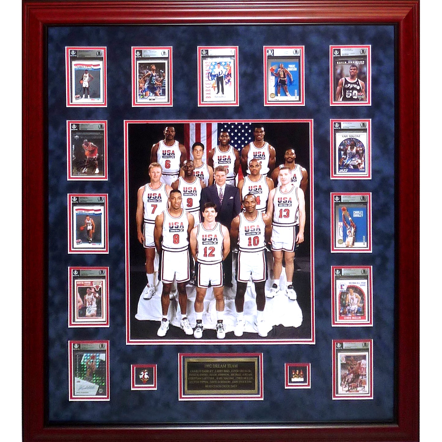 DREAM TEAM Autographed 1992 Barcelona Olympics USA Basketball Deluxe Framed Basketball Card Piece with 16_20 Photo - Coach Daly and 12 Members - JSA