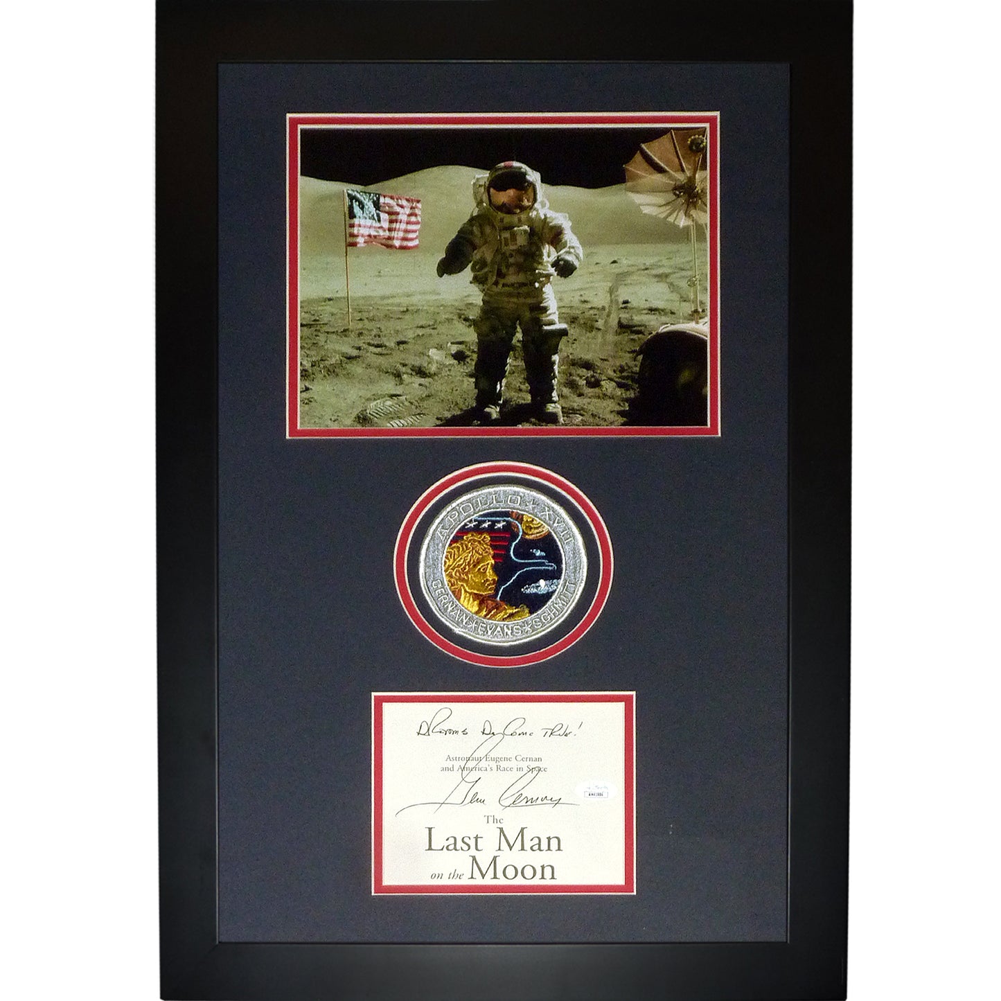 Gene Cernan Autographed “Last Man On The Moon” Deluxe Framed Astronaut Piece with Apollo XVII Patch – JSA
